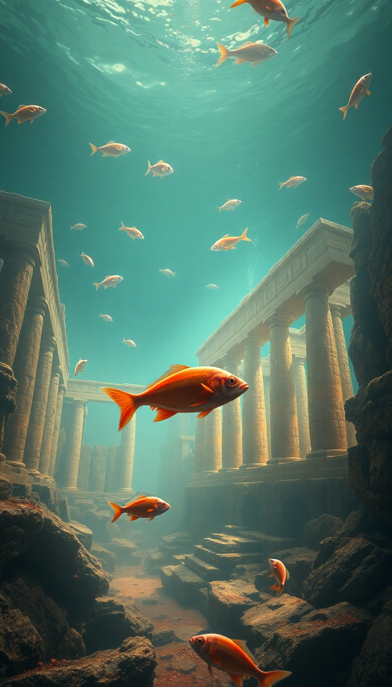 Sunken Ancient Temple Fish Swimming Digital art Wallpaper