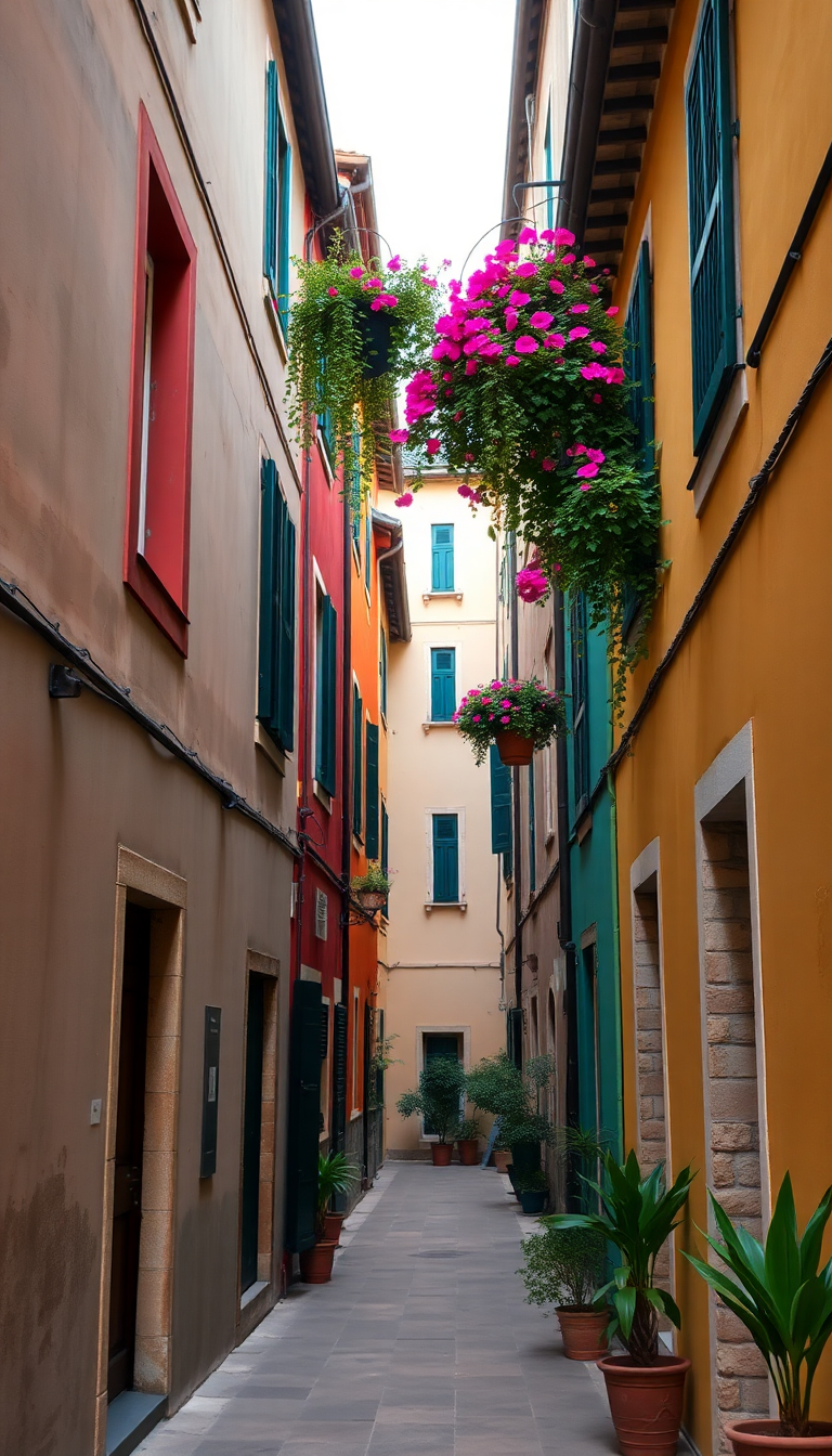 Vivid Alley Colorful Buildings Hanging Plants Wallpaper