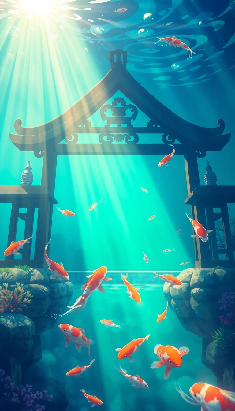 Underwater Shrine Koi Fish Swimming Anime Wallpaper