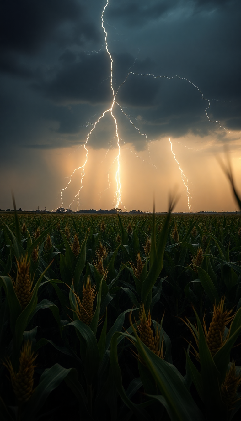 Summer Thunderstorm Lightning Over Cornfield Photorealistic Wallpaper