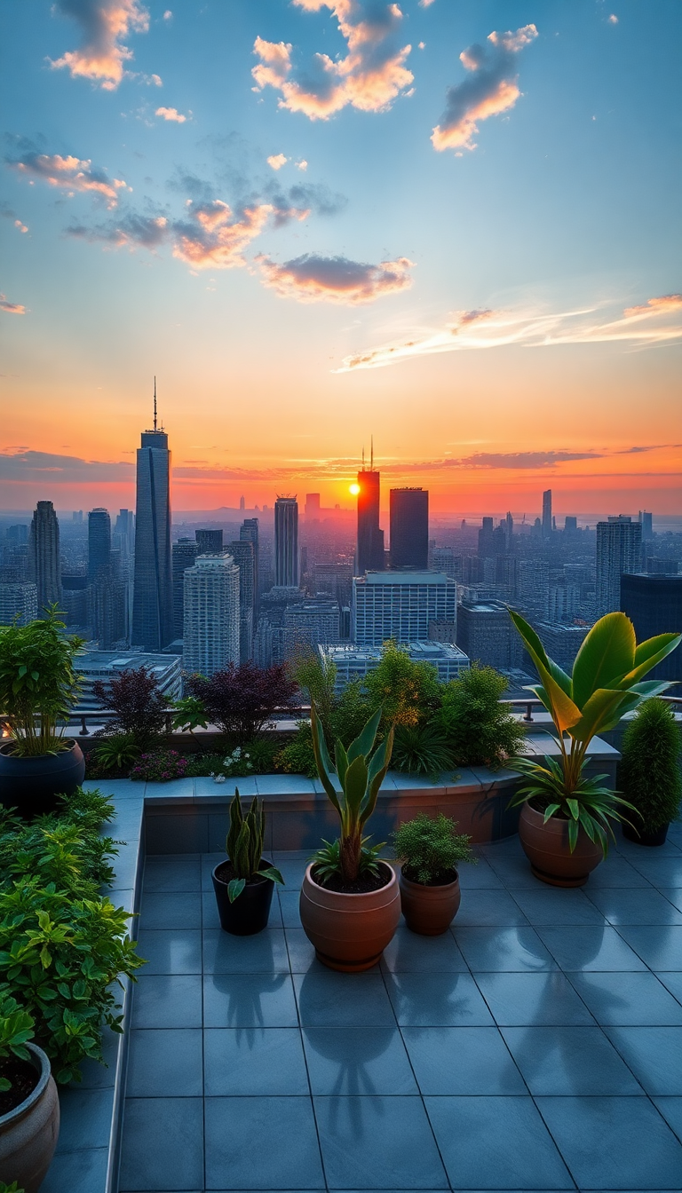 Rooftop Garden Oasis Above City Photorealistic Wallpaper