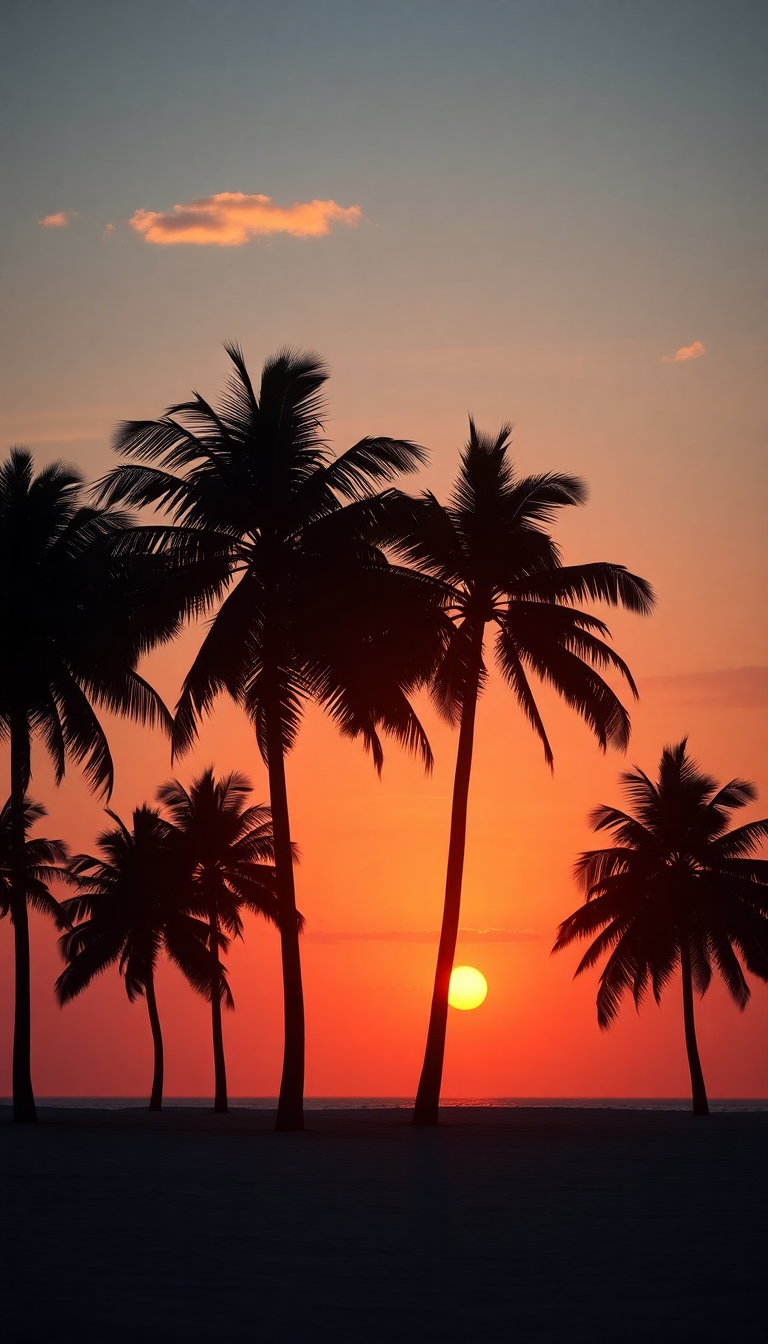 Summer Sunset Beach Silhouette Palm Photorealistic Wallpaper