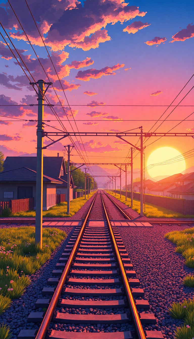 Train Crossing Rural Japan Sunset Anime Wallpaper