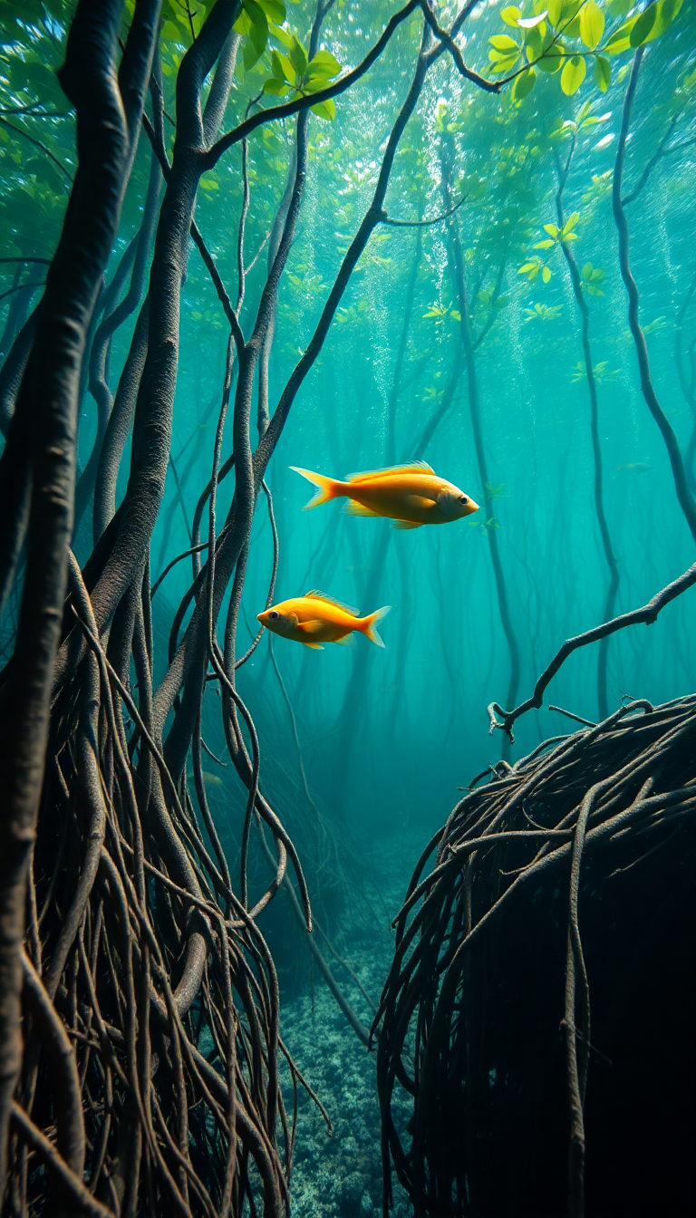 Mangrove Forest Roots Underwater Fish Photorealistic Wallpaper