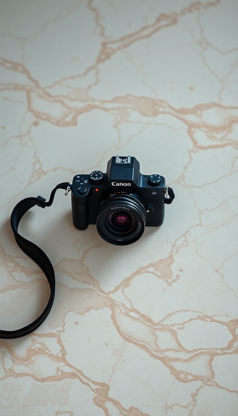 Film Camera On Marble Flatlay Photorealistic Wallpaper