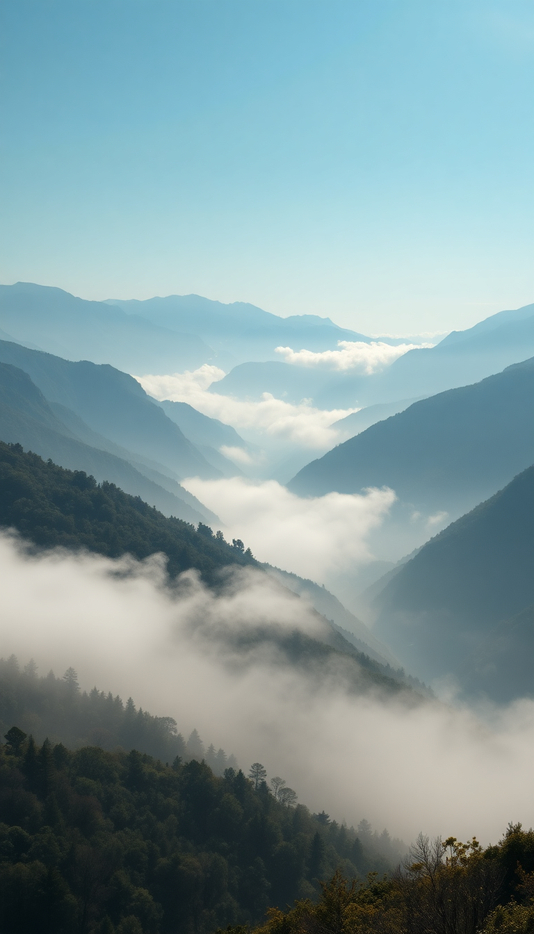 Fog Rolling Over Mountains Valley Photorealistic Wallpaper