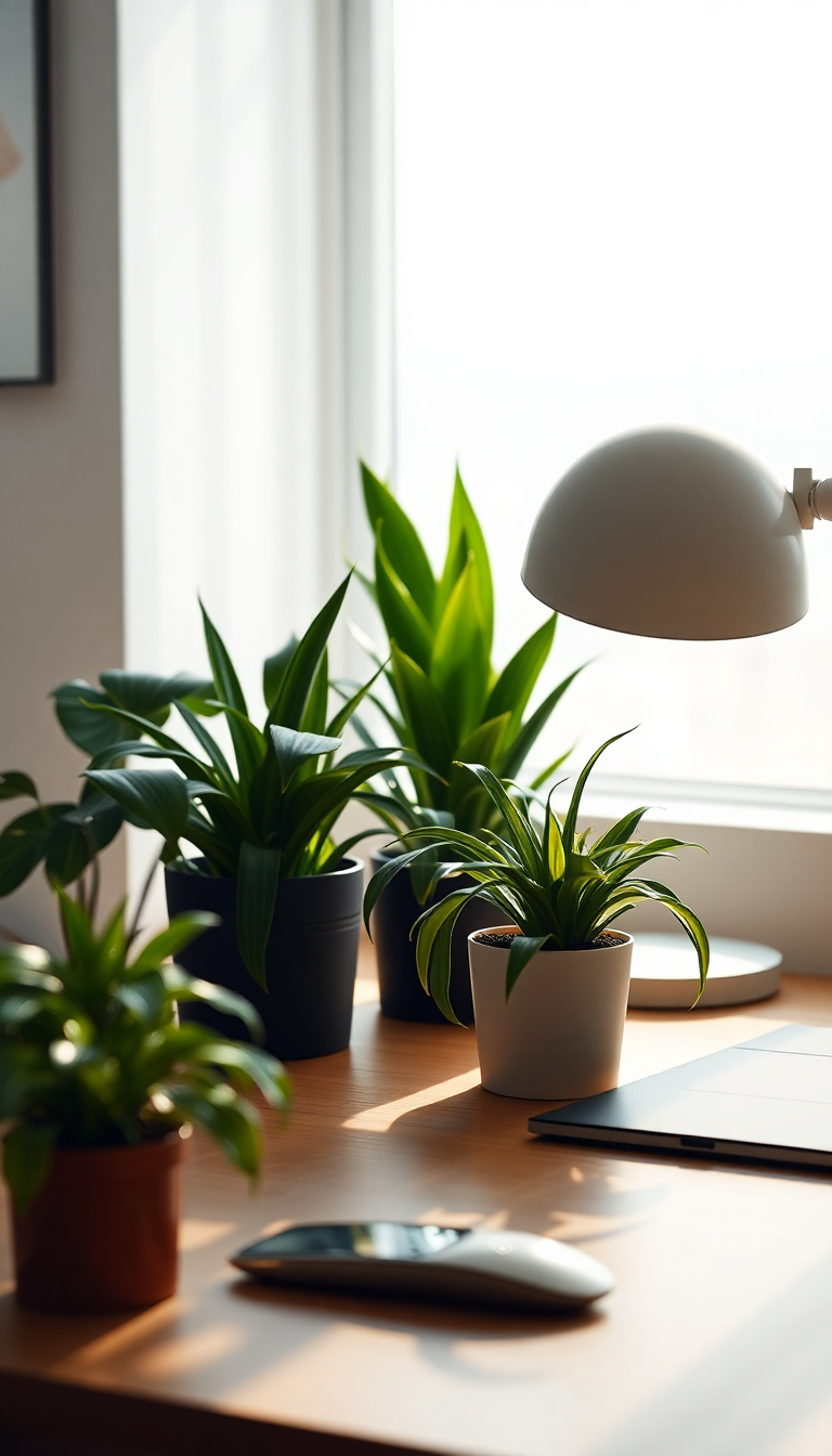 Minimalist Desk Setup Plants Morning Photorealistic Wallpaper