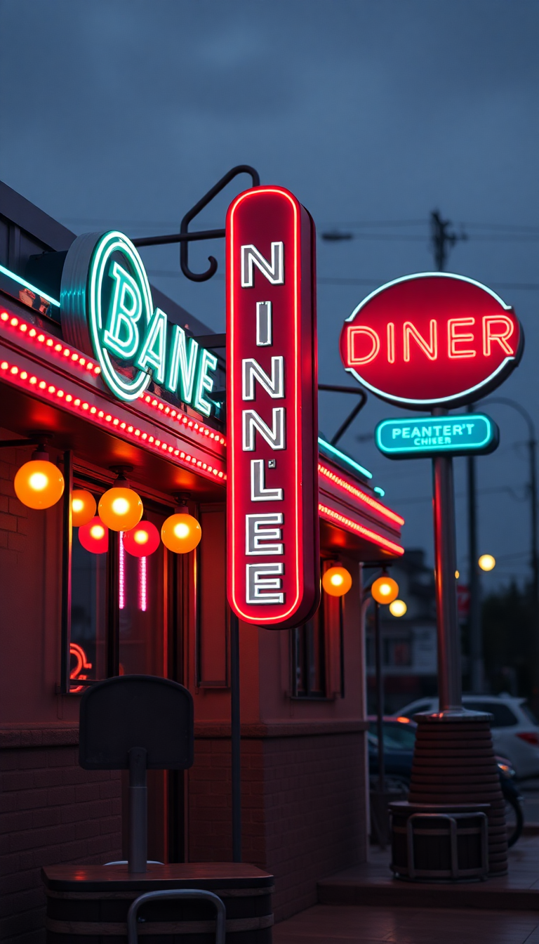 Retro Diner Neon Signs Chrome Photorealistic Wallpaper