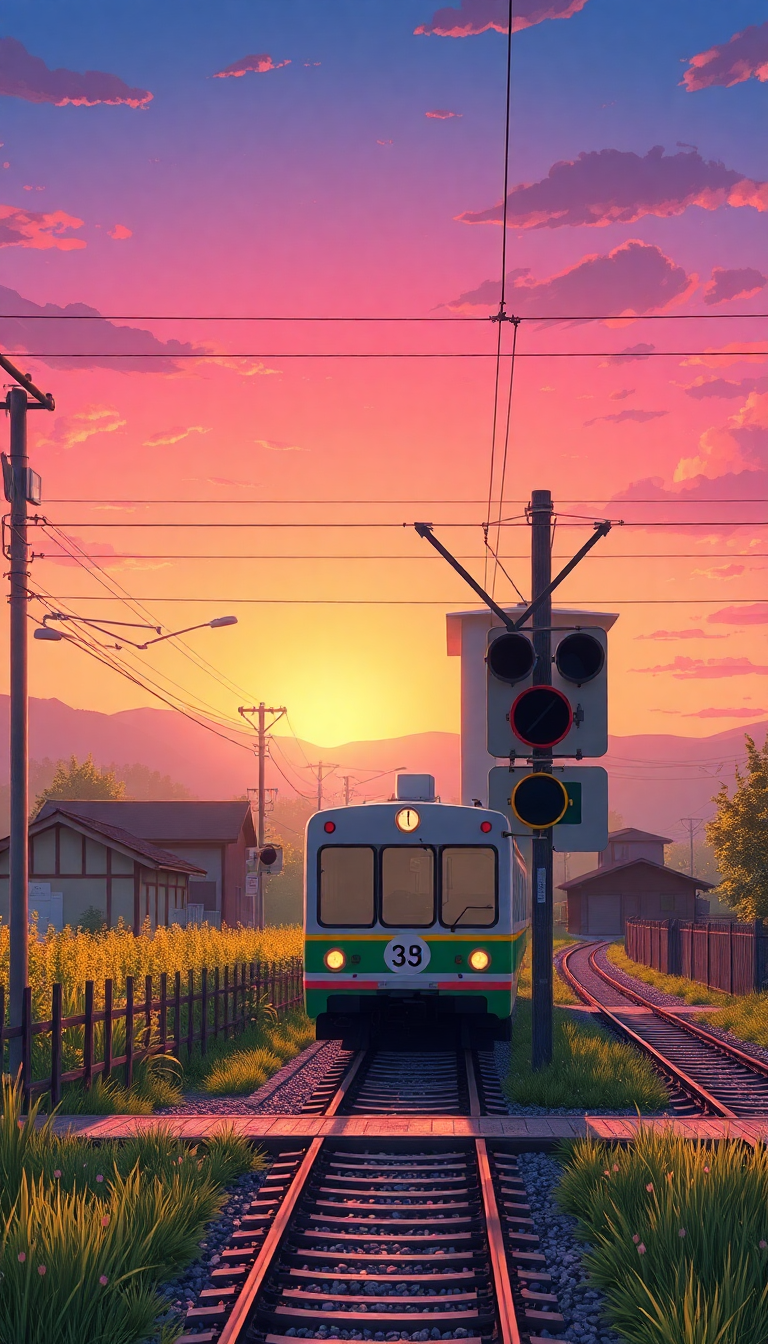 Train Crossing Rural Japan Sunset Anime Wallpaper