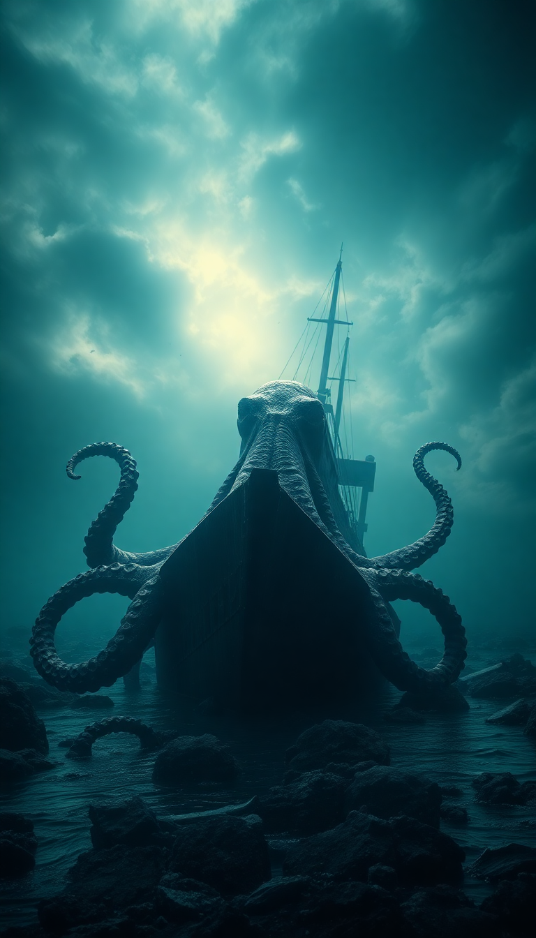 Giant Octopus Shipwreck Deep Ocean Digital art Wallpaper