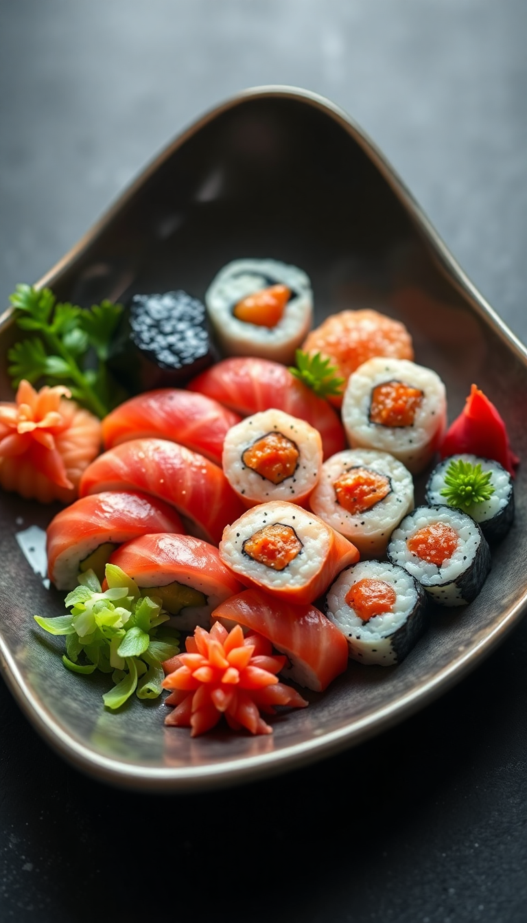 Fresh Sushi Arrangement Artistic Plating Photorealistic Wallpaper