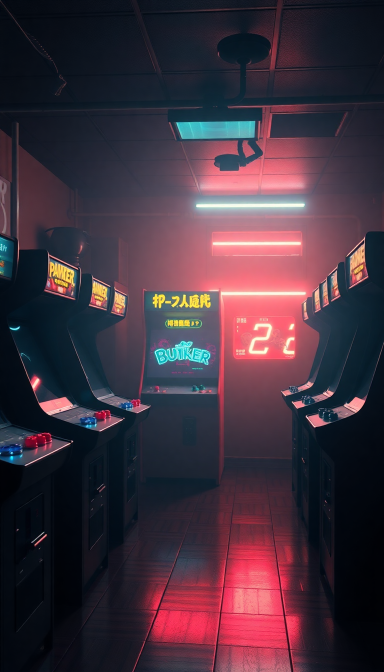 Old Arcade Machines Dark Room Photorealistic Wallpaper