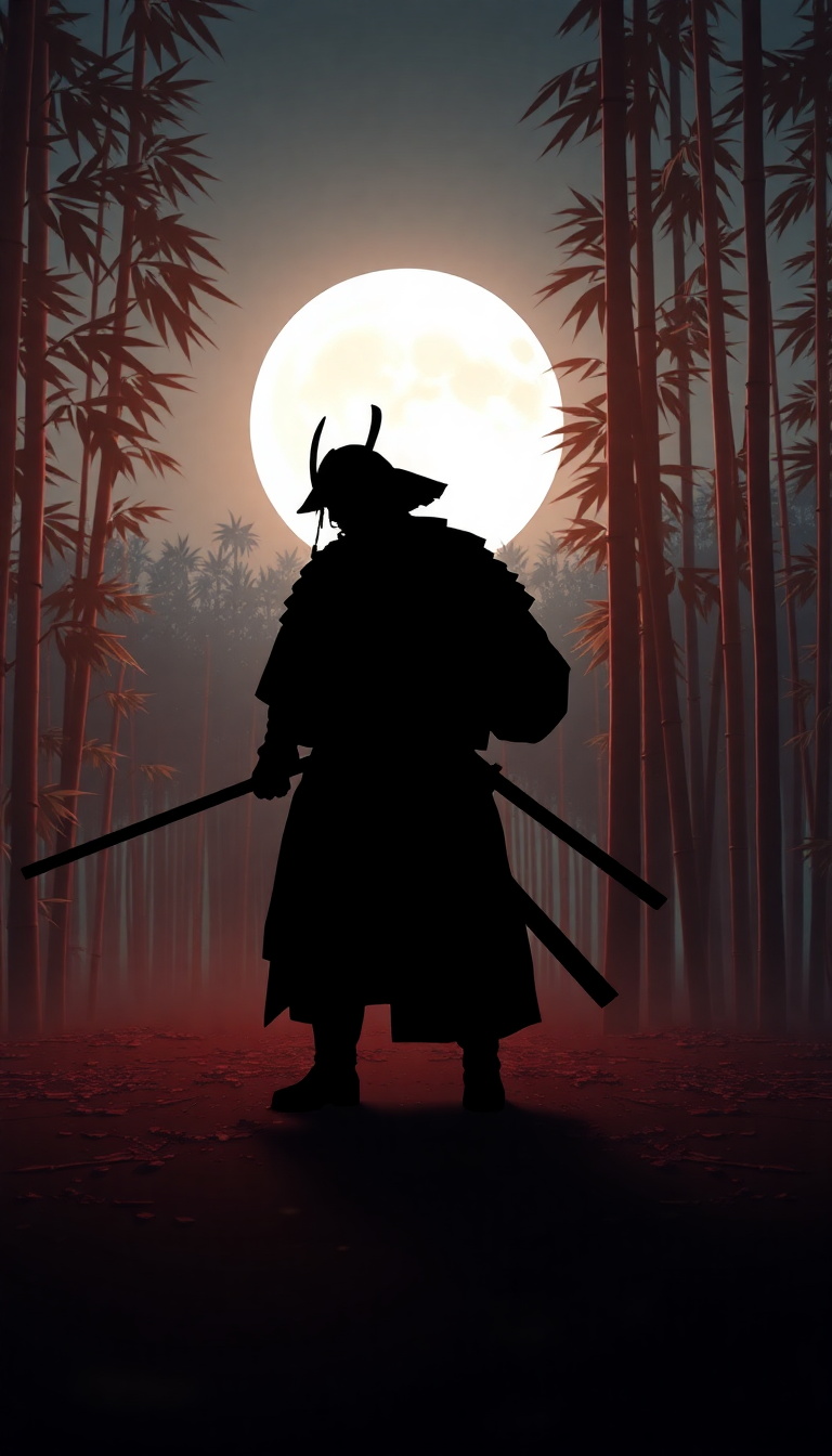 Samurai Silhouette Moonlit Bamboo Forest Digital art Wallpaper