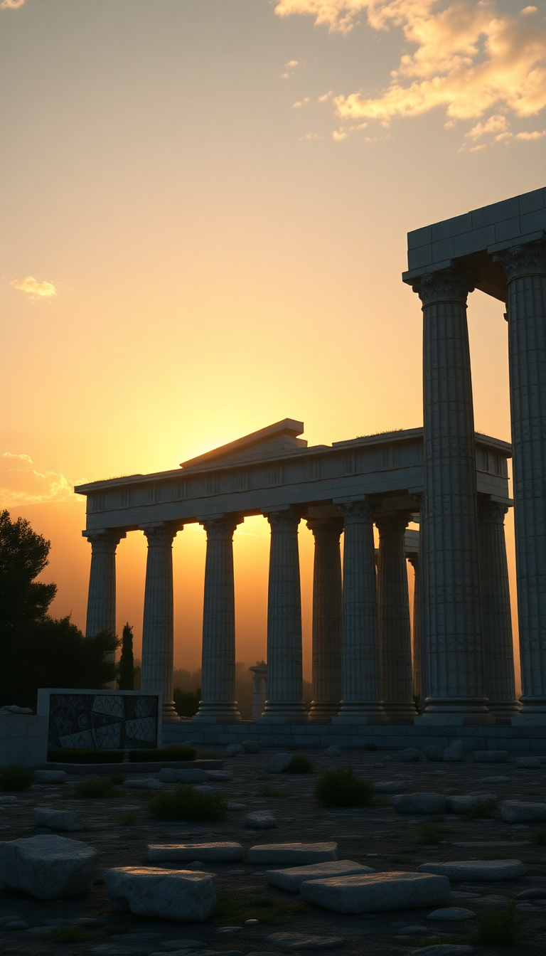Ancient Greek Temple Ruins Golden Photorealistic Wallpaper