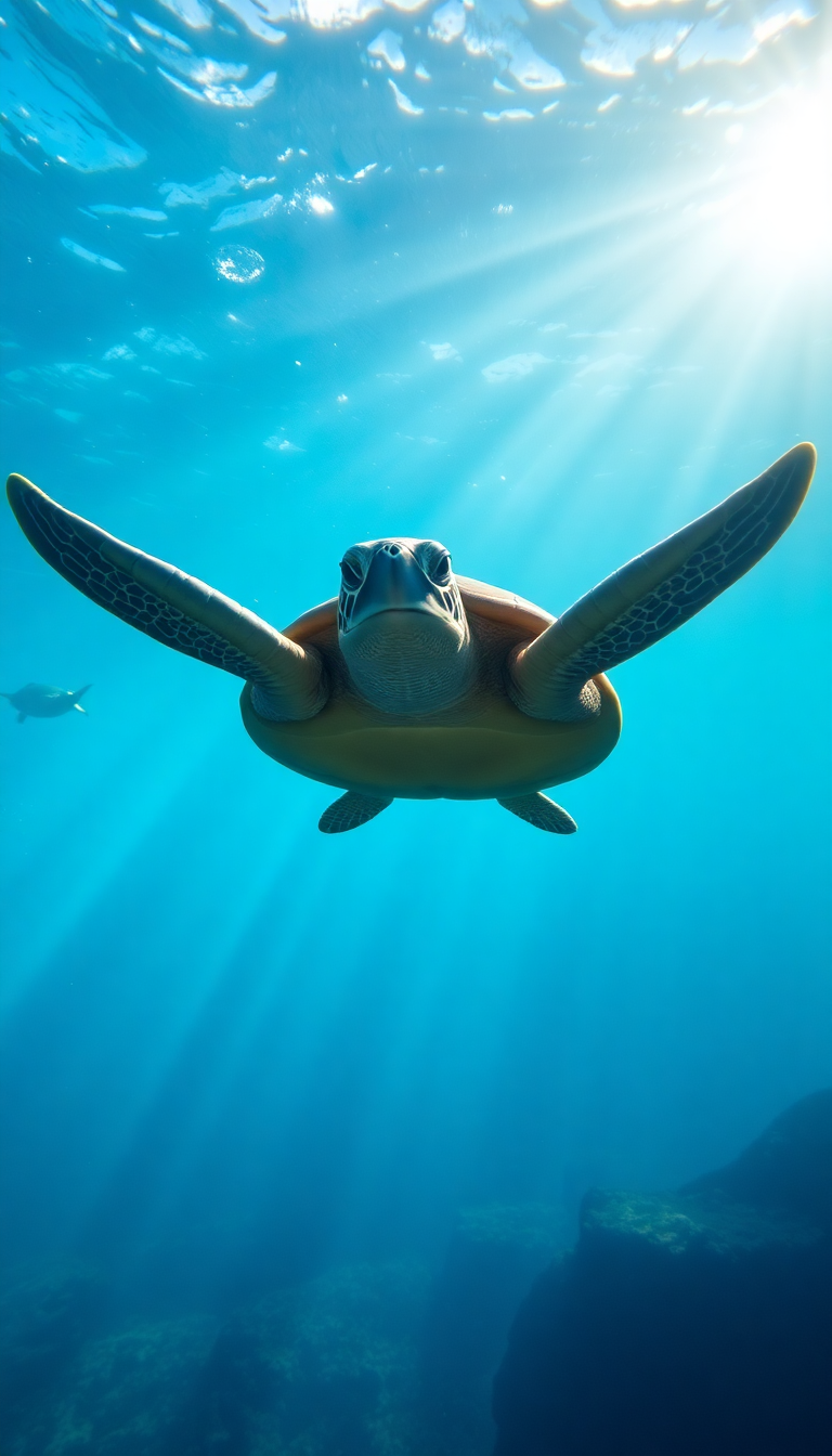Sea Turtle Swimming Sunbeams Underwater Photorealistic Wallpaper