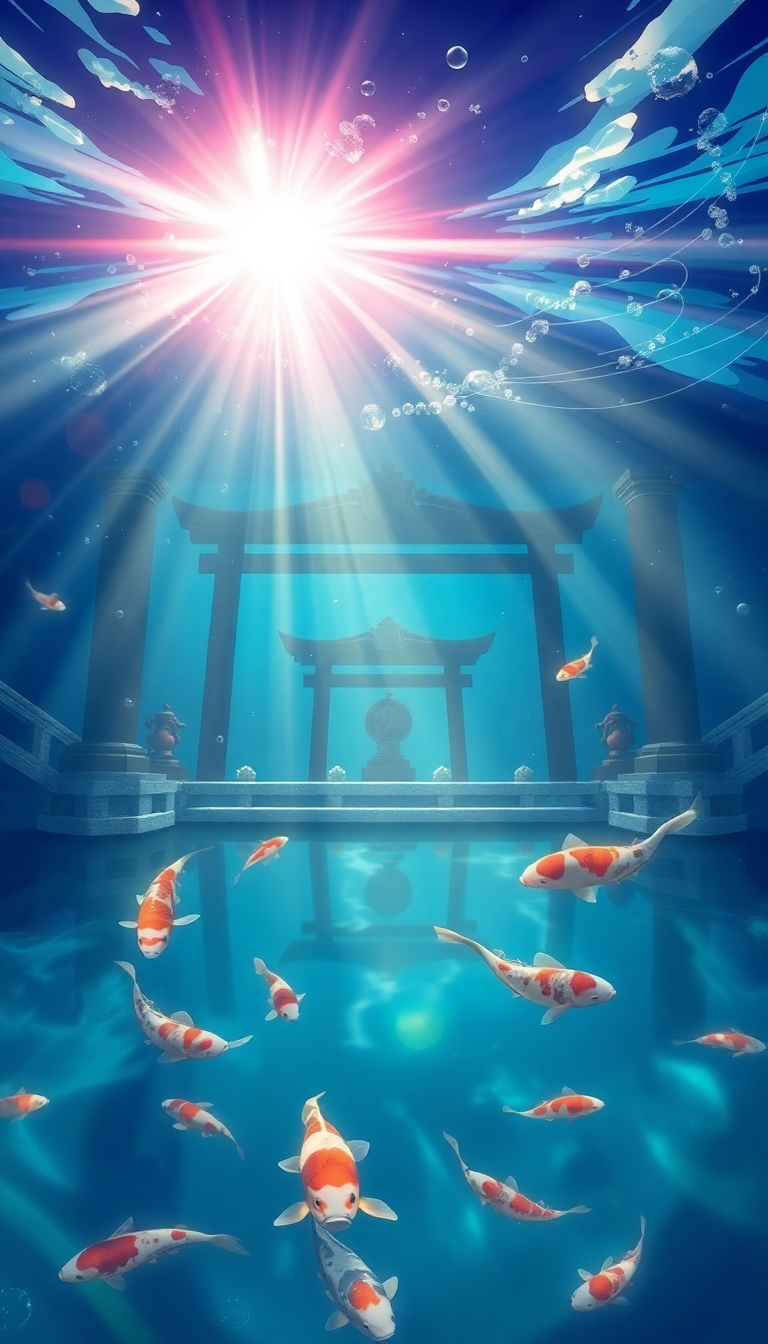 Underwater Shrine Koi Fish Swimming Anime Wallpaper