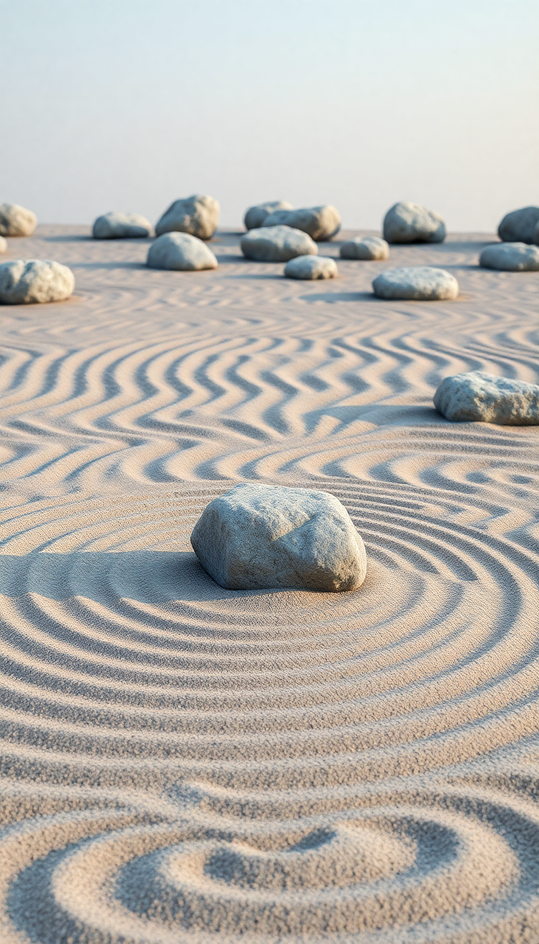 Zen Rock Garden Raked Sand Photorealistic Wallpaper