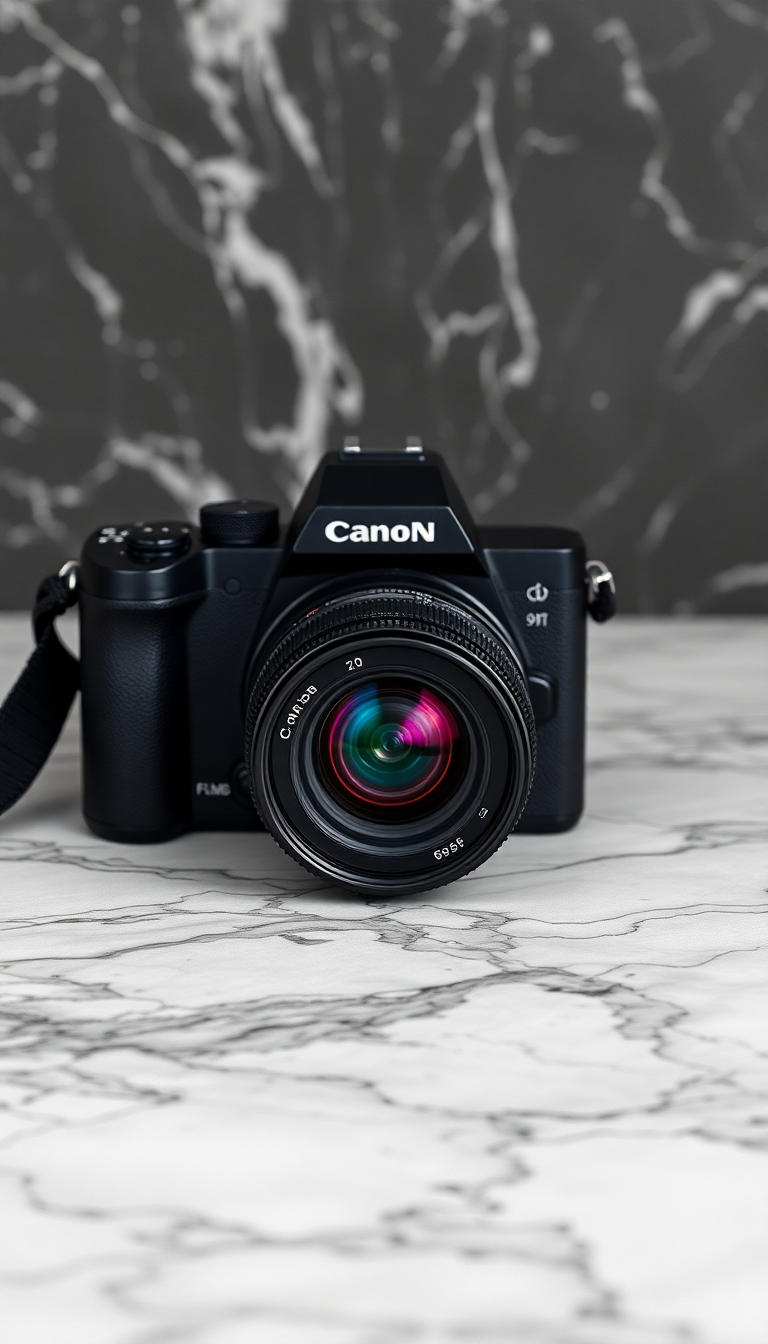 Film Camera On Marble Flatlay Photorealistic Wallpaper