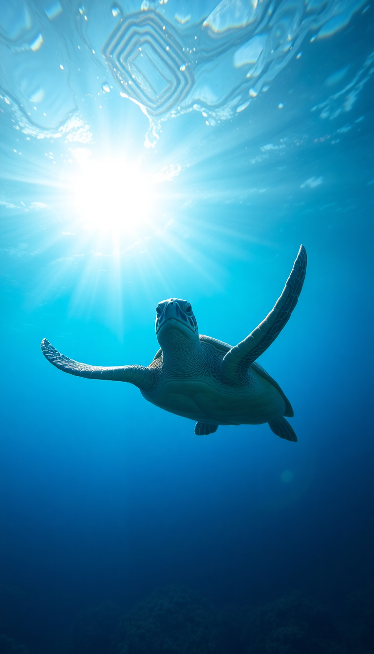 Sea Turtle Swimming Sunbeams Underwater Photorealistic Wallpaper