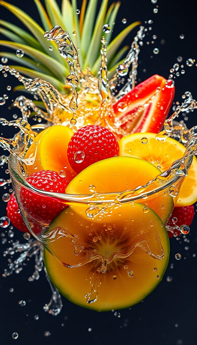 Tropical Fruit Splash Water Droplets Photorealistic Wallpaper