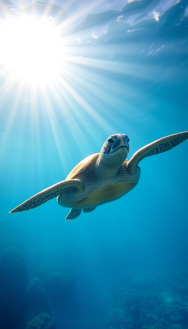 Sea Turtle Swimming Sunbeams Underwater Photorealistic Wallpaper