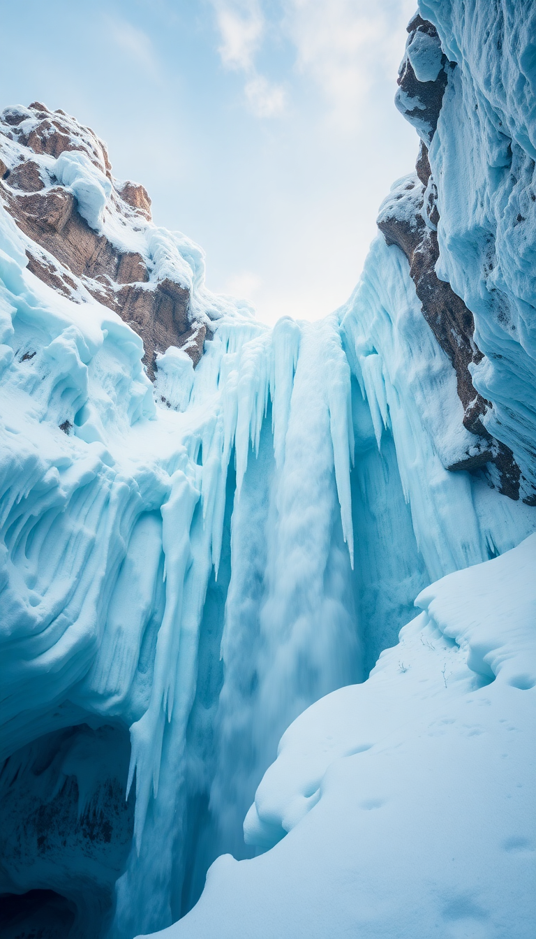 Frozen Waterfall Ice Formations Winter Photorealistic Wallpaper
