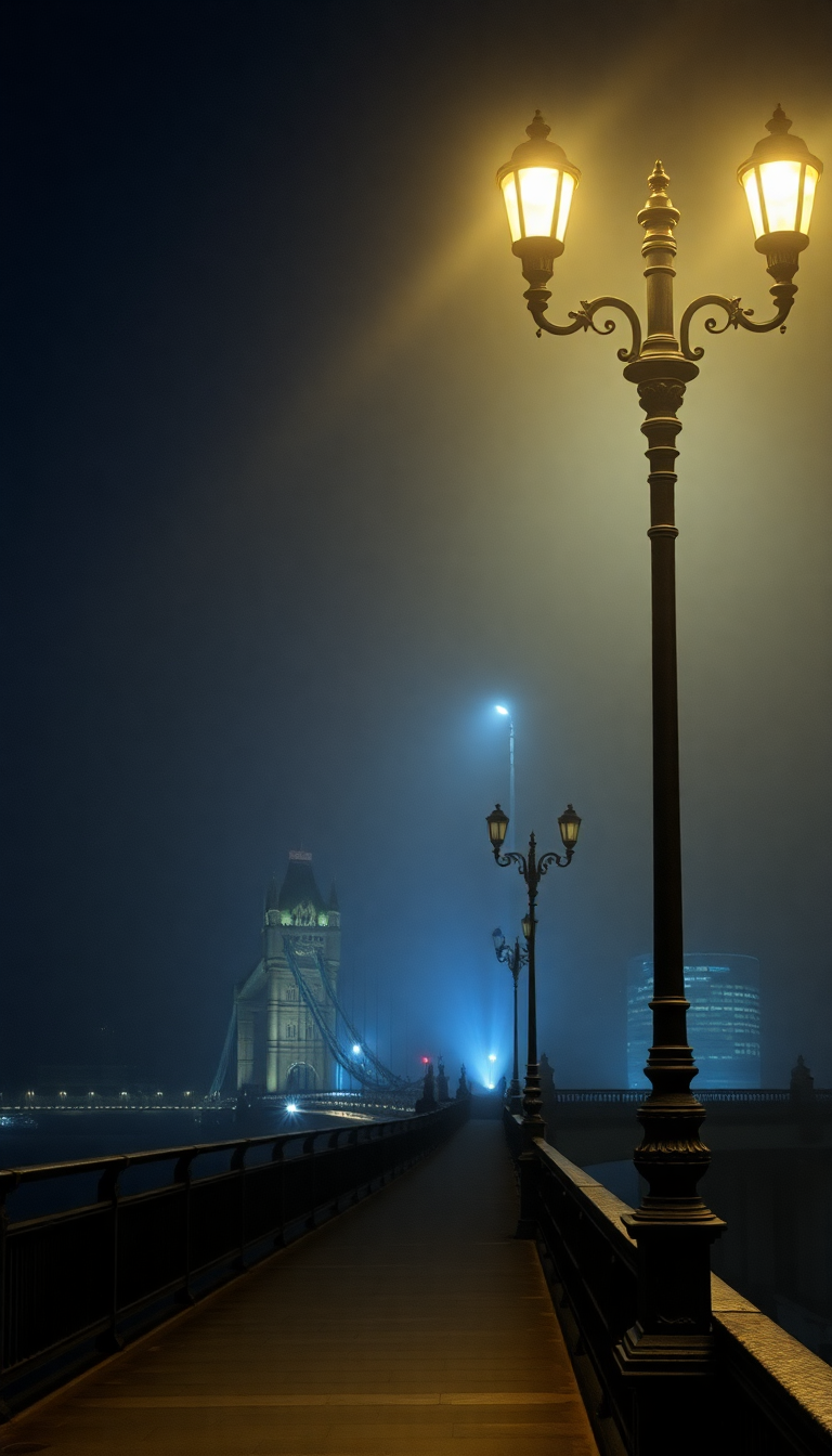 Foggy London Bridge Vintage Lampposts Night Photorealistic Prime Wallpaper