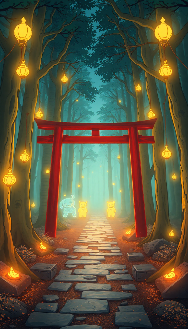 Spirit Forest Glowing Creatures Torii Anime Wallpaper