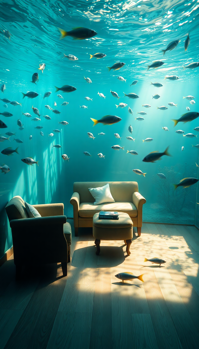 Room Underwater Furniture Floating Fish Digital art Wallpaper