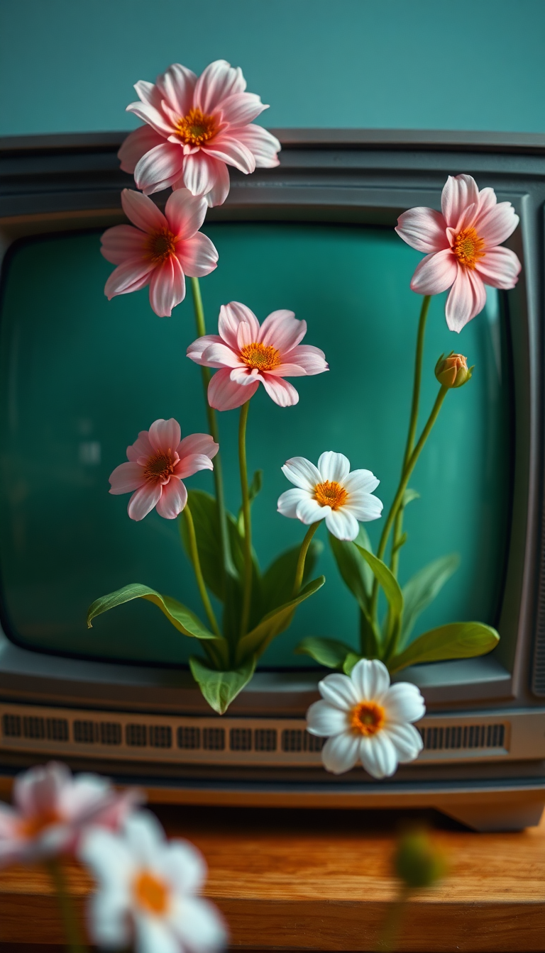 Flowers Growing From Old Television Digital art Wallpaper