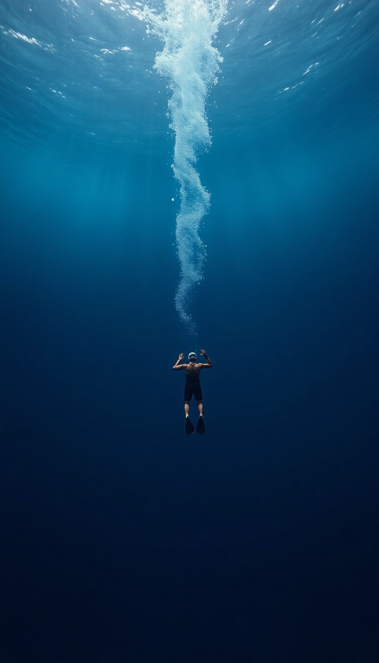 Freediver Descending Into Deep Blue Photorealistic Wallpaper