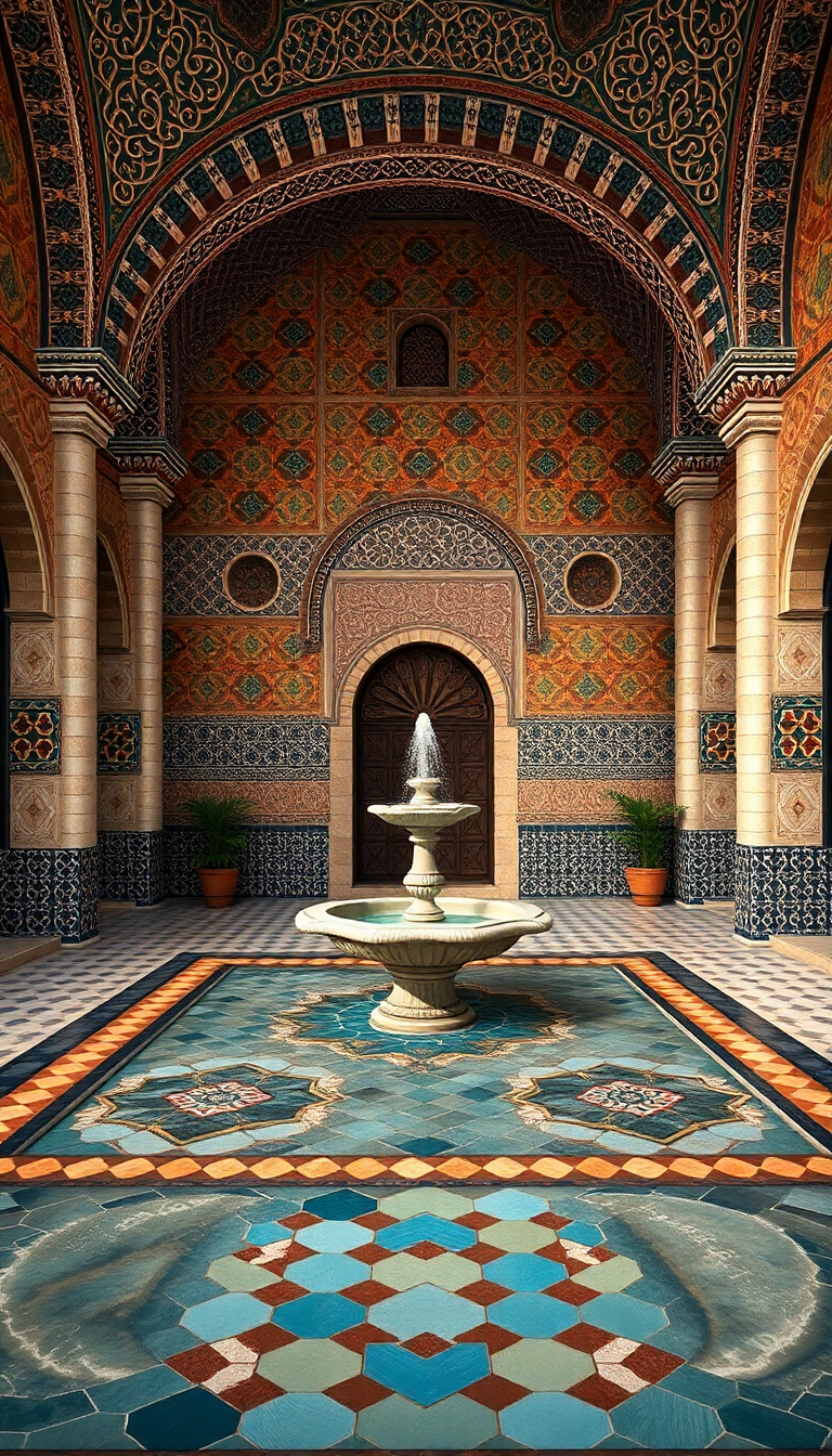Moroccan Courtyard Tiles Fountain Mosaic Photorealistic Wallpaper
