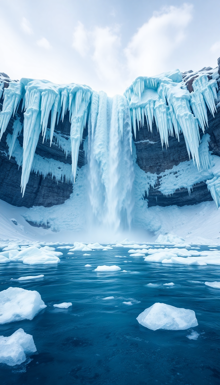 Frozen Waterfall Ice Formations Winter Photorealistic Wallpaper