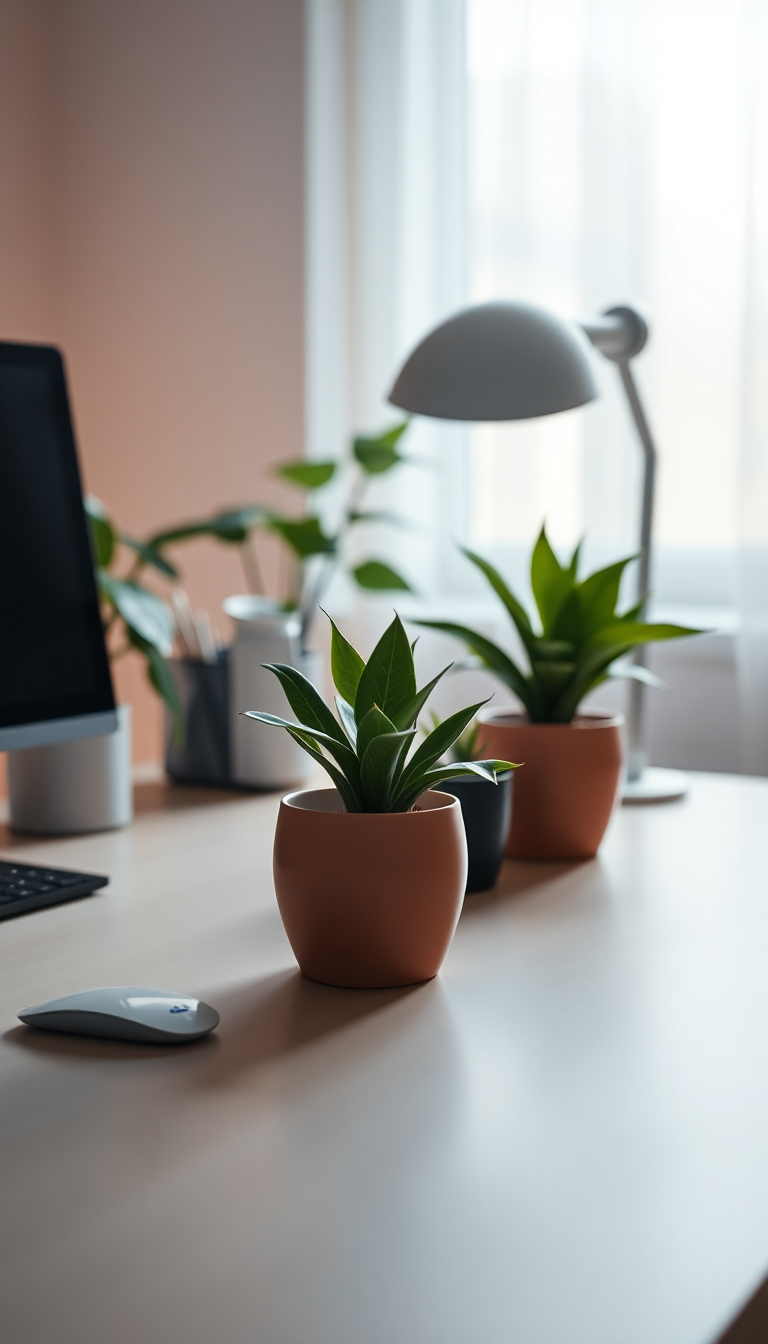 Minimalist Desk Setup Plants Morning Photorealistic Wallpaper