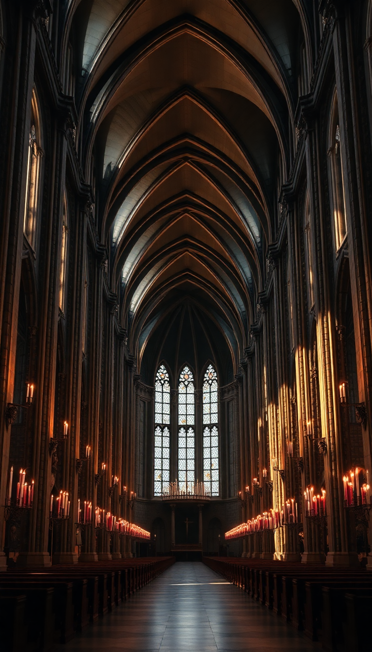Gothic Cathedral Interior Candlelight Shadows Photorealistic Wallpaper