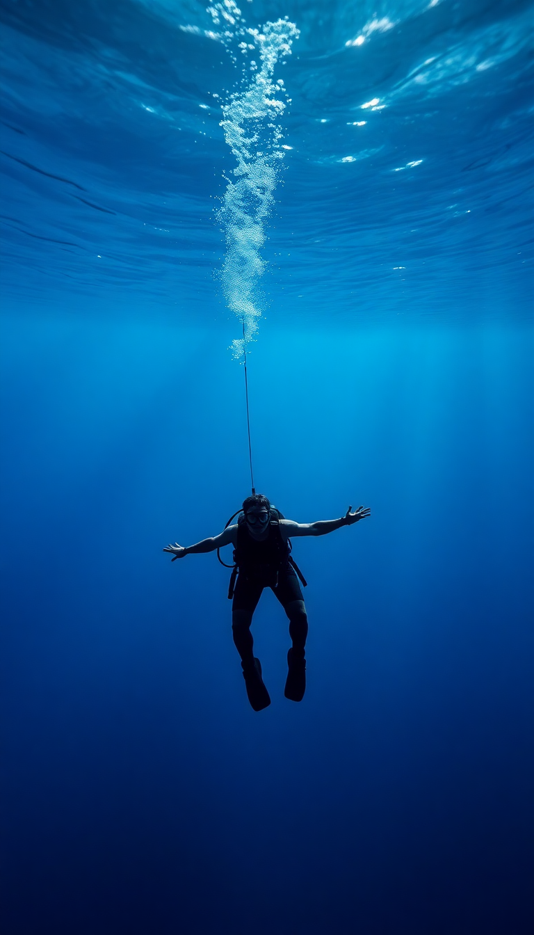 Freediver Descending Into Deep Blue Photorealistic Wallpaper