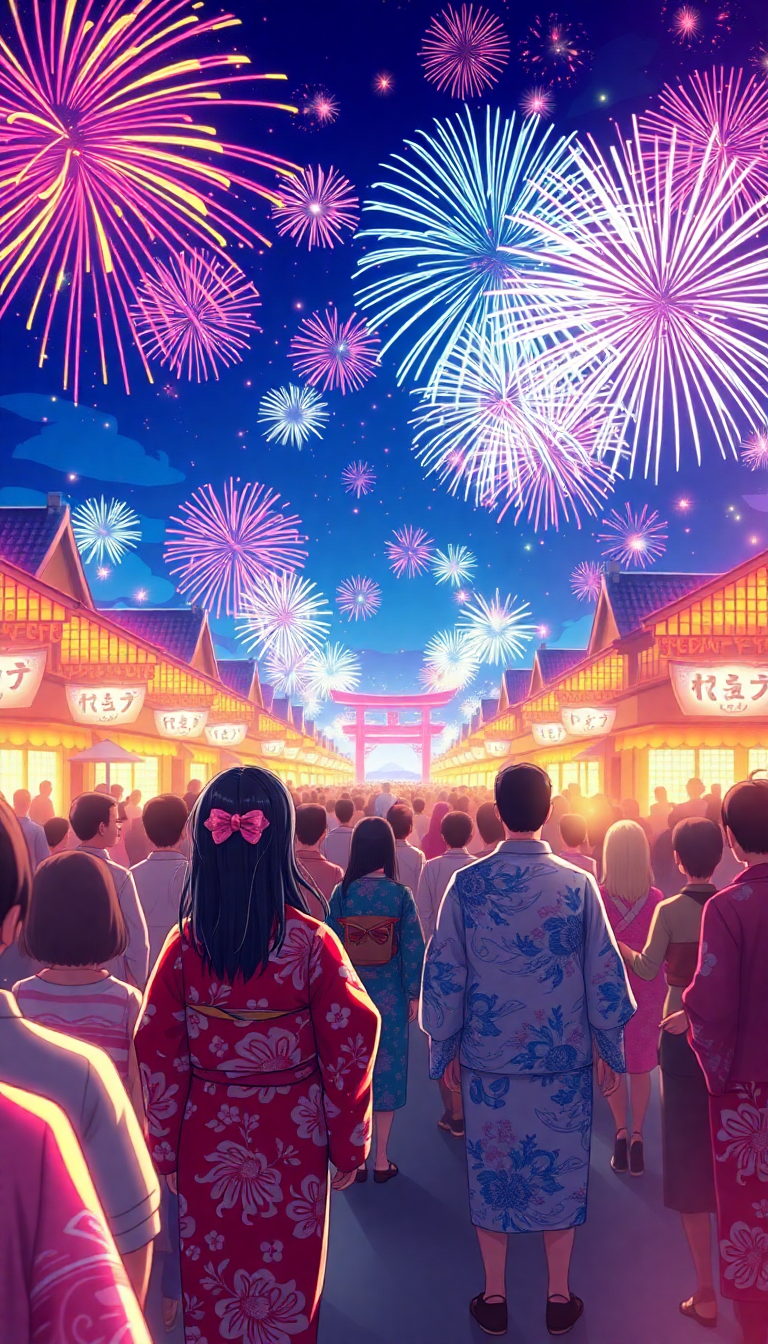 Summer Festival Fireworks Yukata Crowd Anime Wallpaper