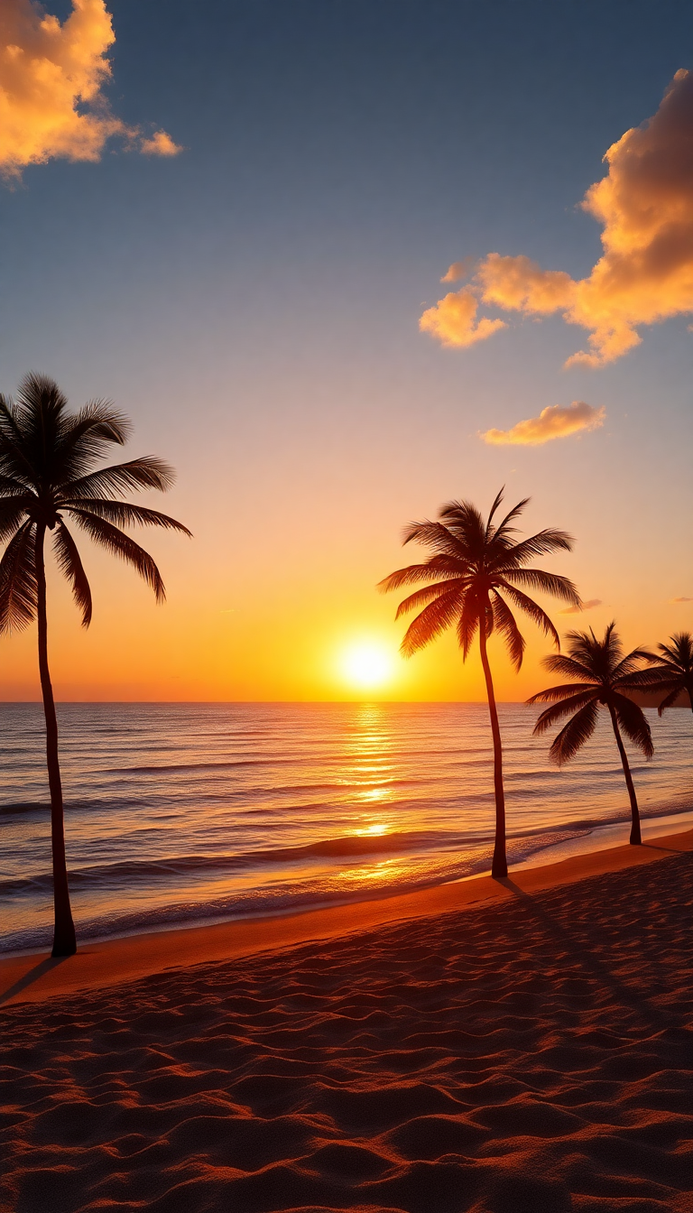 Summer Sunset Beach Silhouette Palm Photorealistic Wallpaper