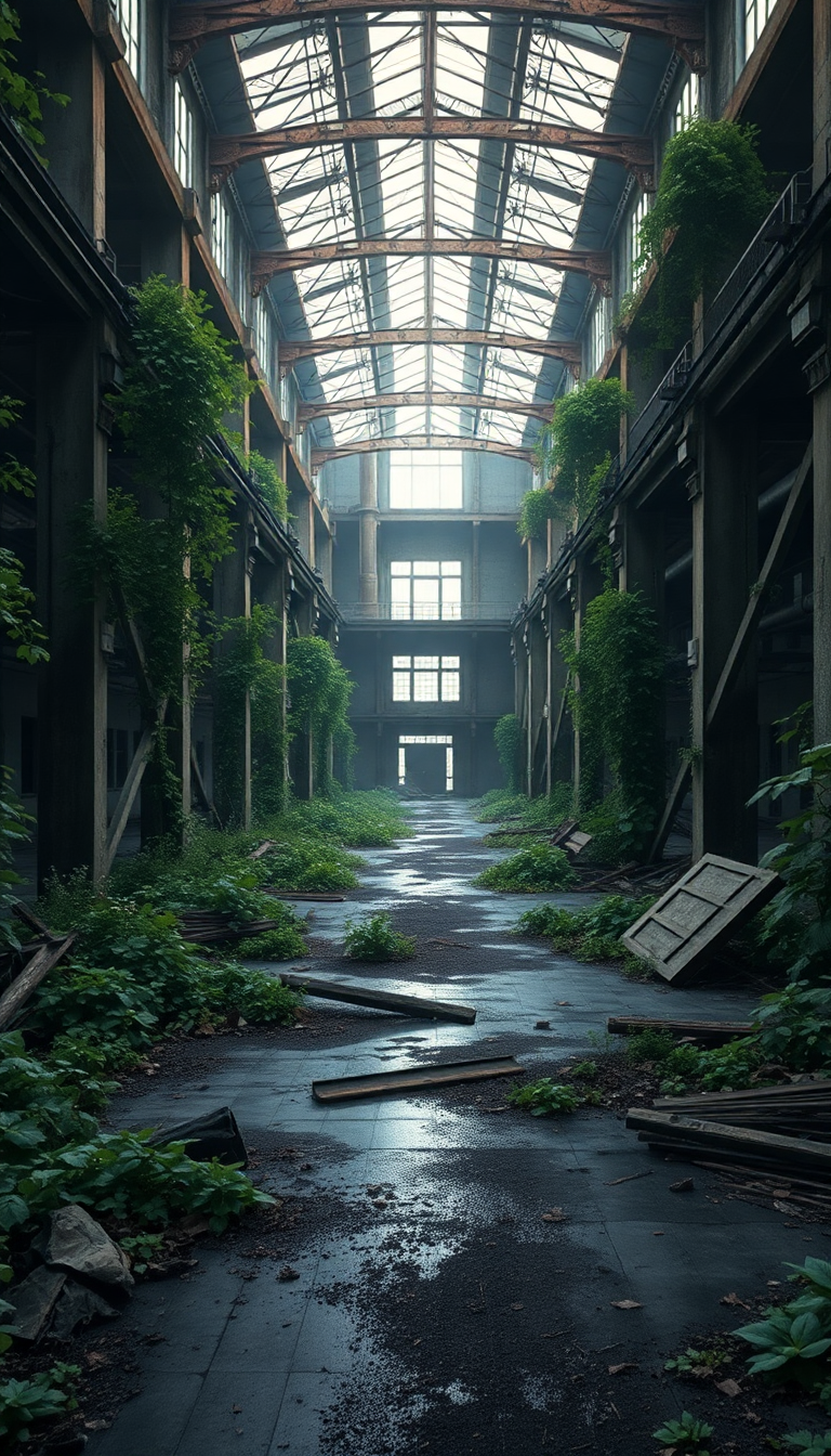 Abandoned Factory Nature Reclaiming Industrial Photorealistic Wallpaper