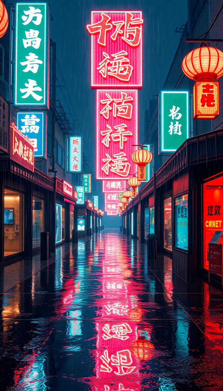 Neon Signs Chinese Characters Rain Digital art Wallpaper