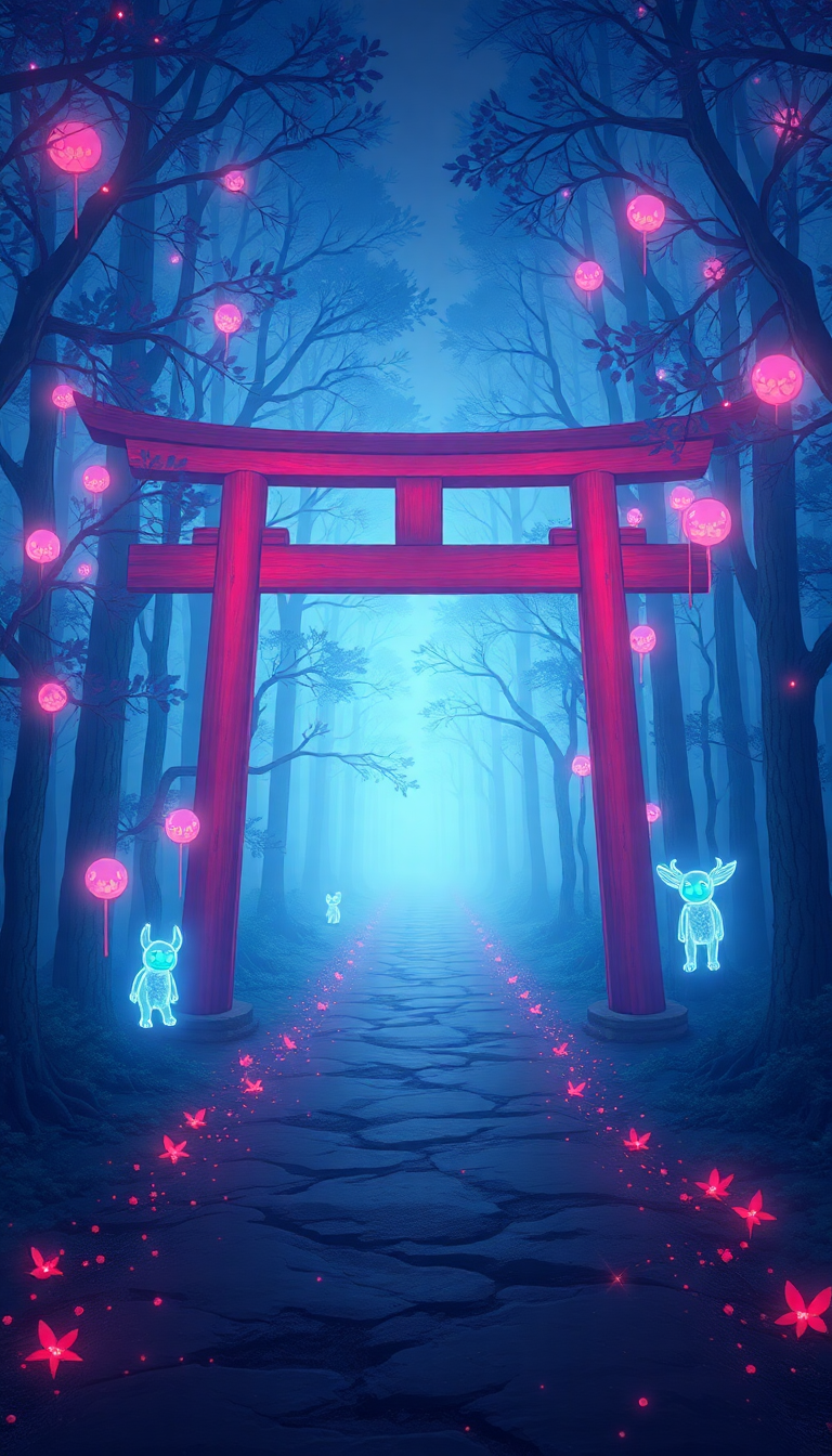 Spirit Forest Glowing Creatures Torii Anime Wallpaper