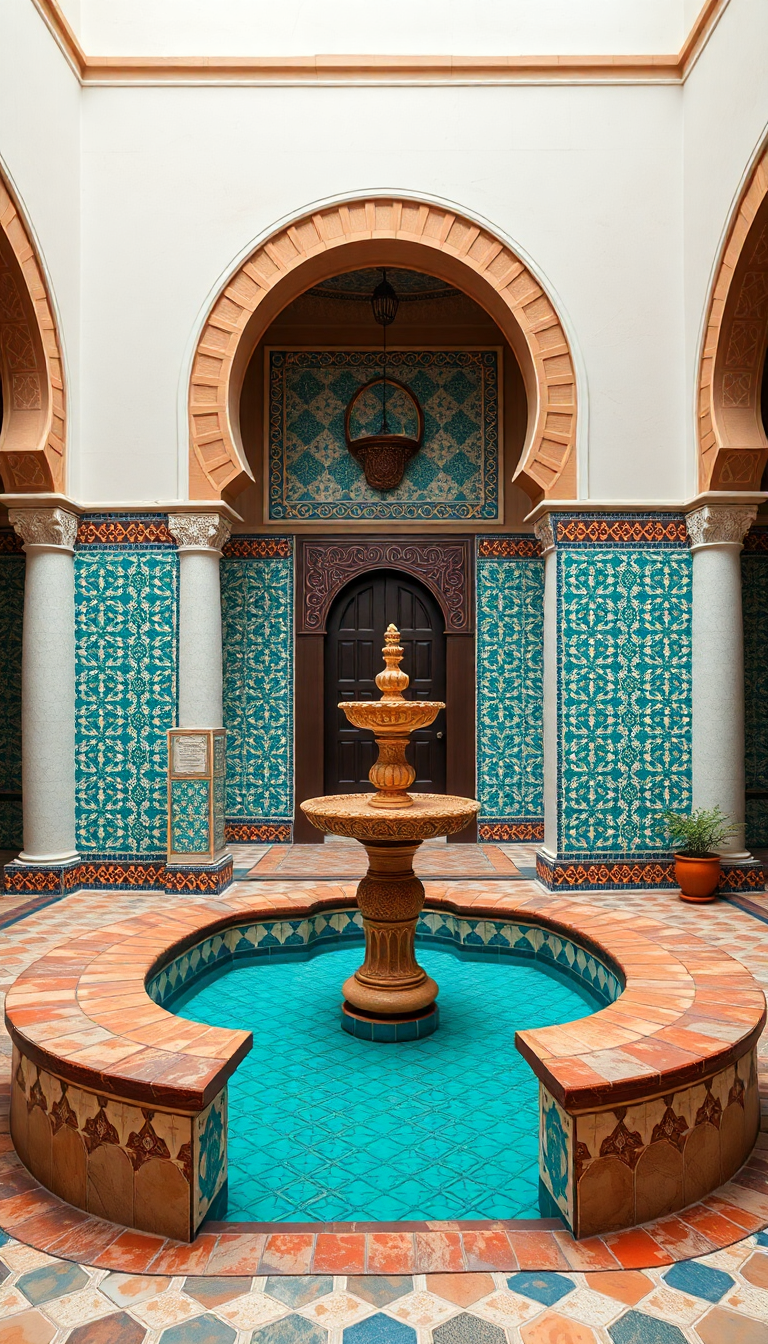 Moroccan Courtyard Tiles Fountain Mosaic Photorealistic Wallpaper