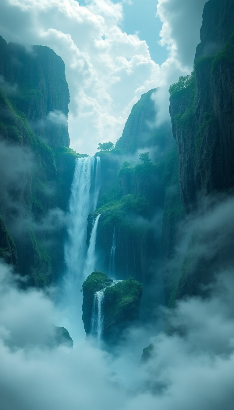 Floating Islands Waterfalls Flowing Into Digital art Wallpaper