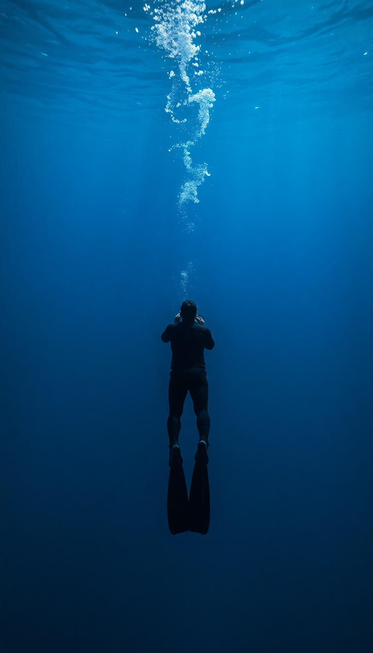 Freediver Descending Into Deep Blue Photorealistic Wallpaper