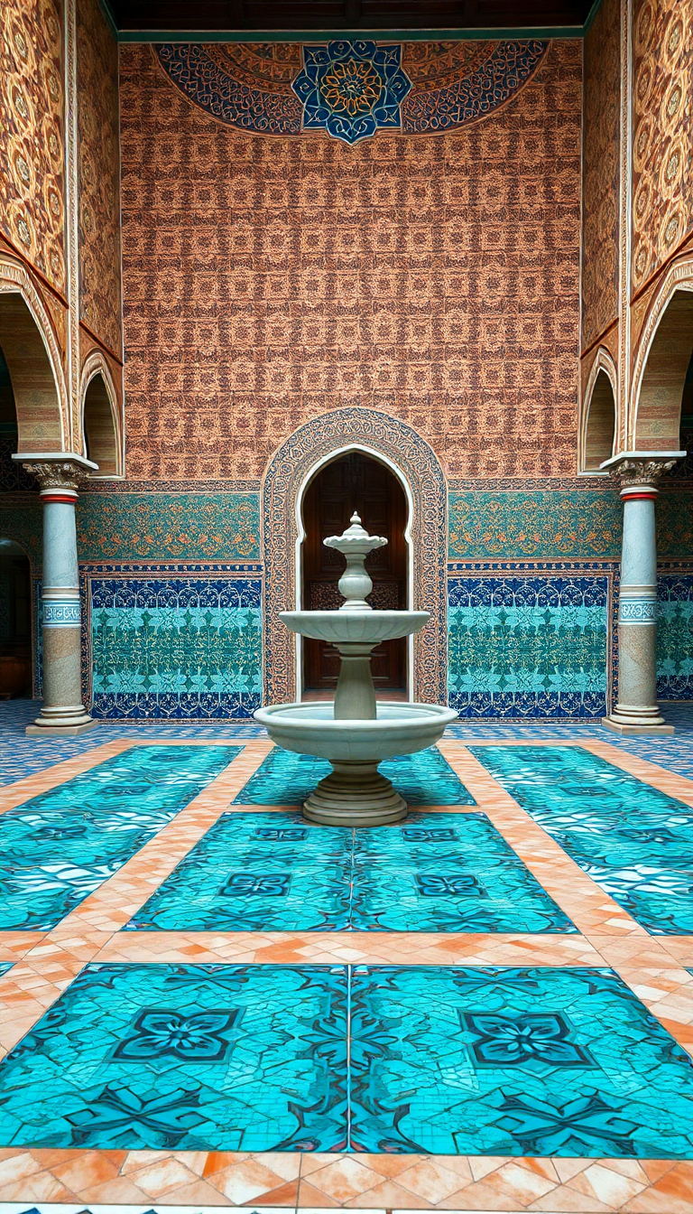 Moroccan Courtyard Tiles Fountain Mosaic Photorealistic Wallpaper
