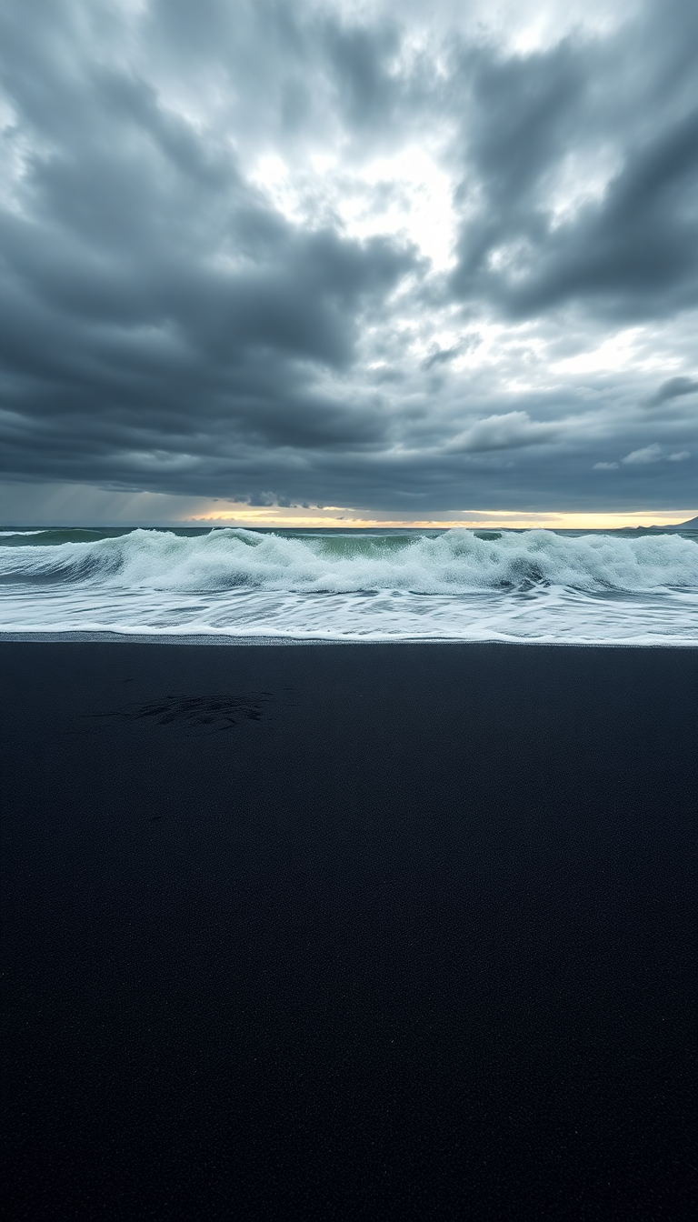 Icelandic Black Sand Beach Waves Photorealistic Wallpaper