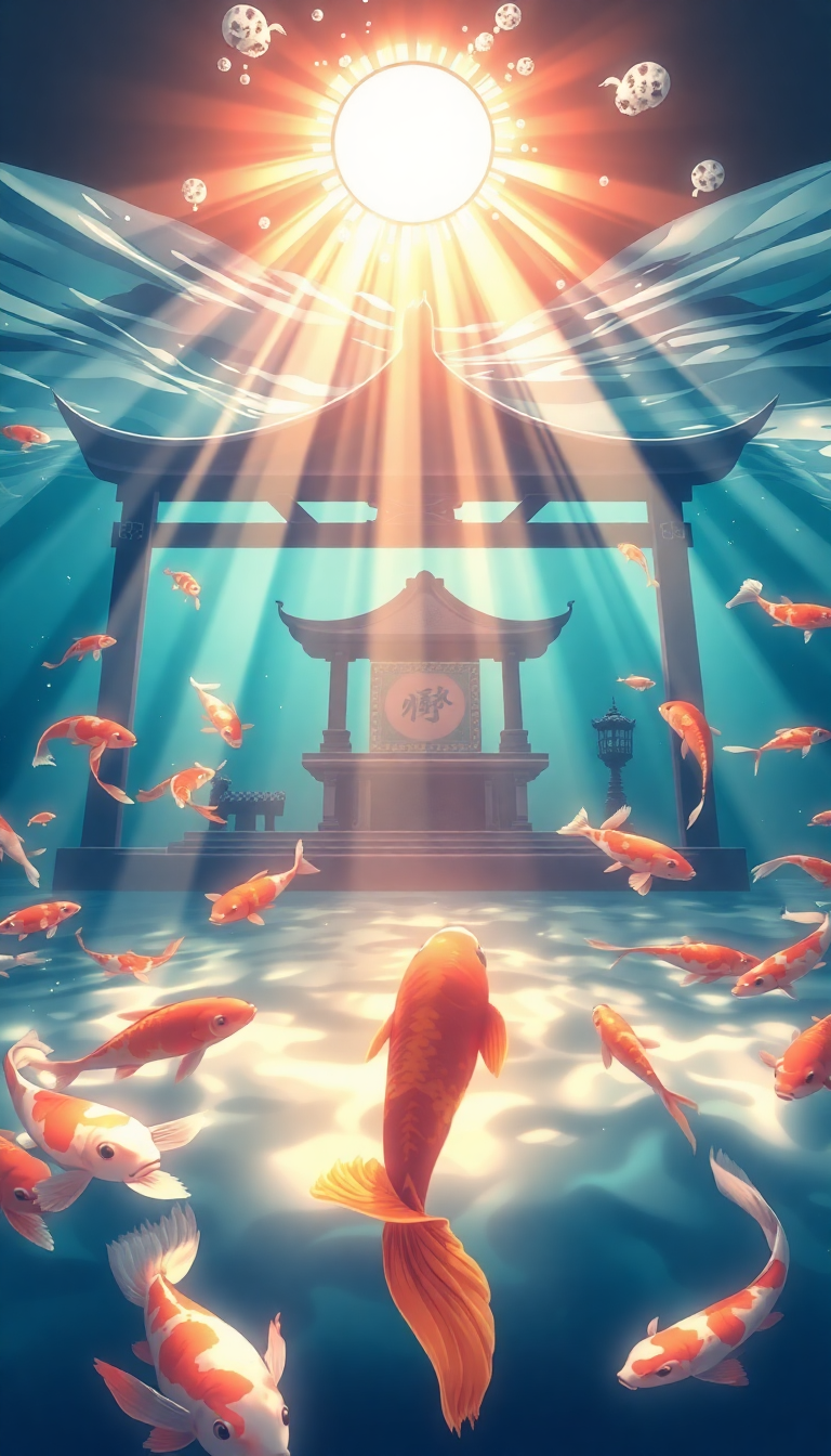 Underwater Shrine Koi Fish Swimming Anime Wallpaper