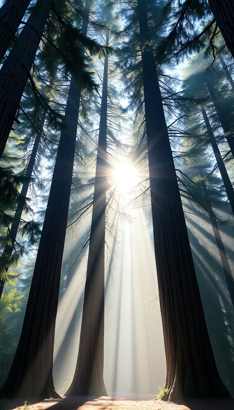 Giant Redwood Trees Morning Fog Photorealistic Wallpaper