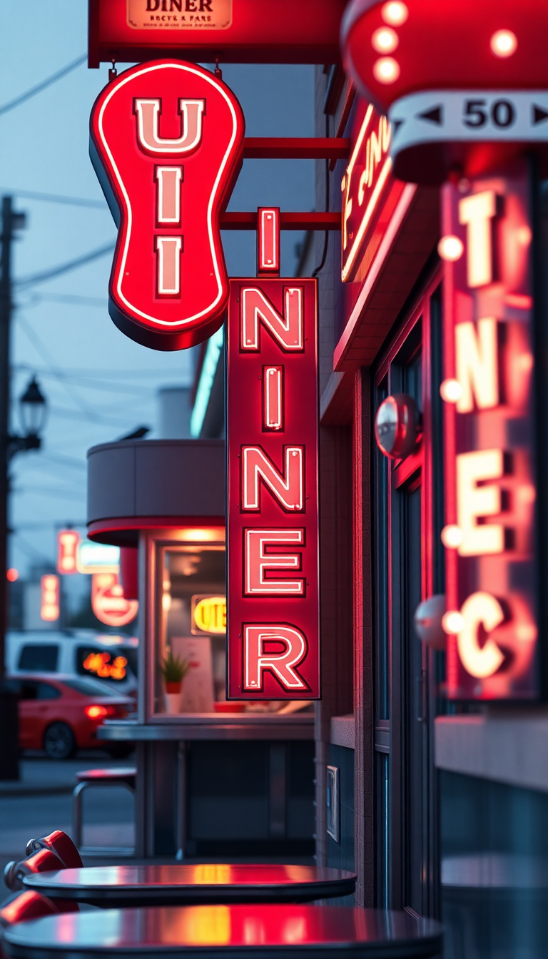 Retro Diner Neon Signs Chrome Photorealistic Wallpaper