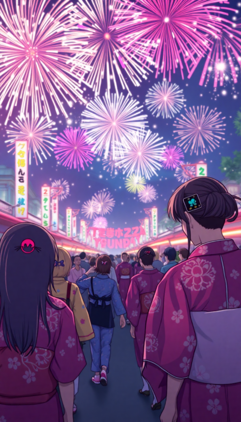 Summer Festival Fireworks Yukata Crowd Anime Wallpaper